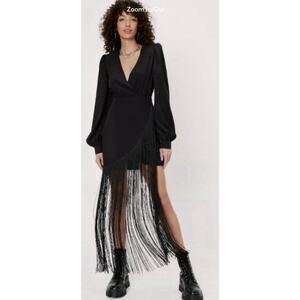 NWT Nasty Gal Collection Long Sleeve Black Plunge Neck Fringe Shirt Dress 16